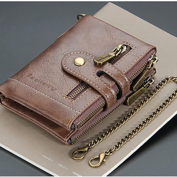 Men Chain Wallet PU Faux Leather Bifold Wallet for Men Double Zipper Coin Pocket - Picture 4 of 4